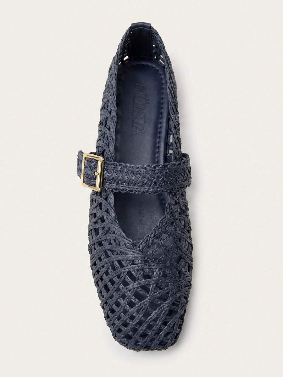 Nöista Elegant Mary Jane Flats, Metallic Gold Finish, Featuring Intricate Woven Design, Adjustable Straps And Refined Square Toe - Royal Blue - View 1