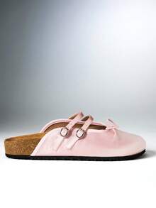 SHEIN Solezae 女款瑪麗珍平底穆勒鞋，雙扣帶圓頭一腳蹬木屐鞋，軟木楔跟休閒舒適鞋 - 粉色 - 查看 3