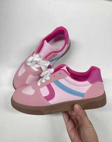 Round Toe Lace-Up Shoes For Women, Versatile Lace Up Flat Sneakers, Low Top Athletic Shoes - Pink - View 3