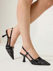 CUCCOO CHICEST Women's Floral Lace Slingback Heels, Pointed Toe Double Buckle Strap Stiletto Sandals, Elegant Mesh Backless High Heels For Wedding Date Party - Black - View 7