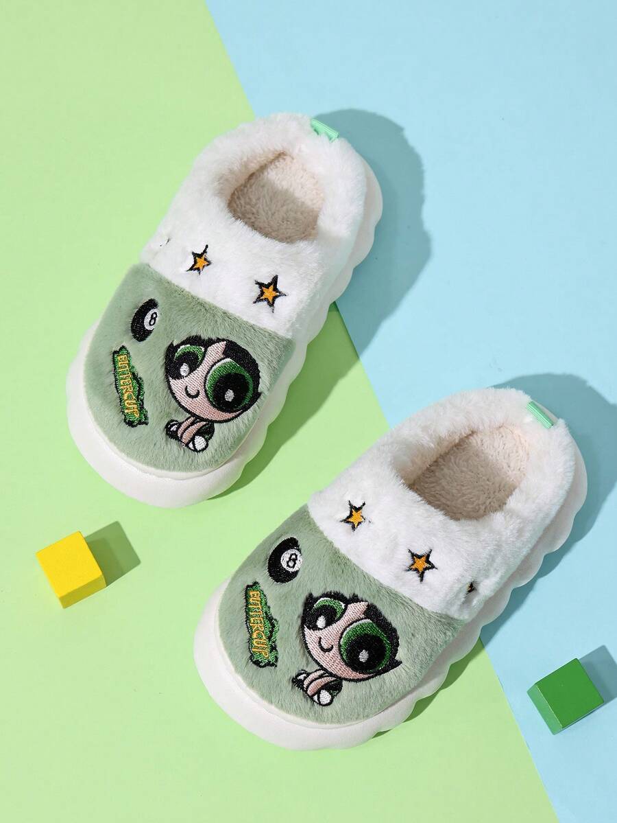 THE POWERPUFF GIRLS X SHEIN Fun And Cute Cartoon Girl Green Fashion Versatile Princess Wind Soft And Warm Winter Indoor Light And Durable Children's Home Slippers - Green - View 1