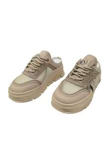 Sepasang Kaos Kaki Wanita Desain Jala, Sol Tebal, Model Platform, Sepatu Kasual Modern Multifungsi - Khaki - View 6