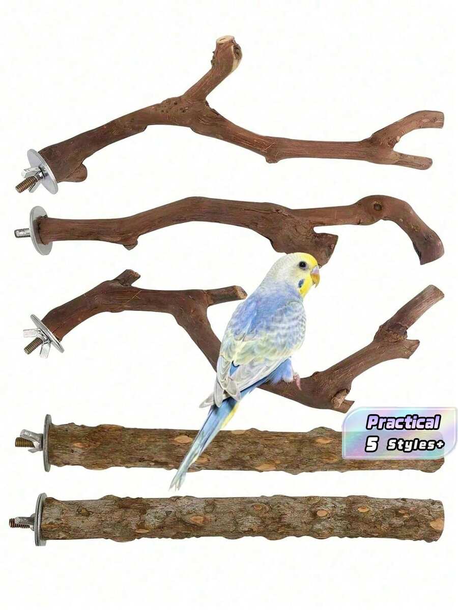 Bird Supplies Bird Cage Accessories Toys 5pcs Parrot Perch Set 3 Grapevine Perches 2 Stands Claw-Shaped Frosted Parrot Chewing Training Branch Suitable For Parrots, Medium And Small Birds Holiday Gift