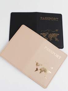 Found Favorite 2 Cute Gold-Plated Style Multi-Layer Passport Clips Two Pieces Set, Suitable For Men And Women, Couples, With Letters + Map Patterns - Black + Khaki - View 5