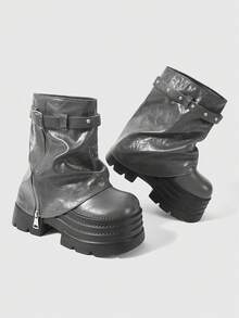 ROMWE Grunge Punk 女款深色搖滾龐克哥德風綁帶灰色皮革騎士靴 坡跟厚底機車靴 戶外登山靴 - 厚底灰色皮帶扣 - 查看 3