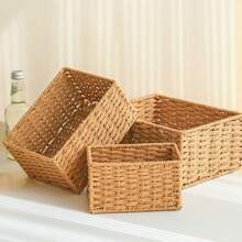 Haus Hana 1Set Boho Rattan Desktop Storage Basket Set Of 3, Handwoven Wabi-Sabi Vanity Organizer, Oriental Zen Style Cotton Rope Basket For Desk, Office, Shelf, Small Items Storage - View 10