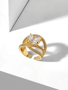 MOTF PREMIUM Multi-Layer Full Set Diamond Square Main Stone Ring, Heavy Industry Wide Version Gold-Plated Banquet Dress Open Ring - Gold - View 4