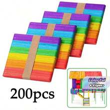 200pcs Colorful Craft Sticks, Wooden Rainbow Craft Sticks, 4.5 Inch Colorful Wooden Sticks, Craft Sticks, Rainbow Craft Sticks, Diy Craft Supplies, Building Models - Multicolor - View 2
