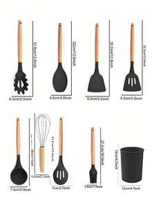 Haus Hana Silicone Kitchenware 24-Piece Wooden Handle Kitchen Silicone Set Shovel Spoon With Storage Barrel Non-Stick Non-Slip Kitchen Cooking Tools Combination Home. - Black - View 8