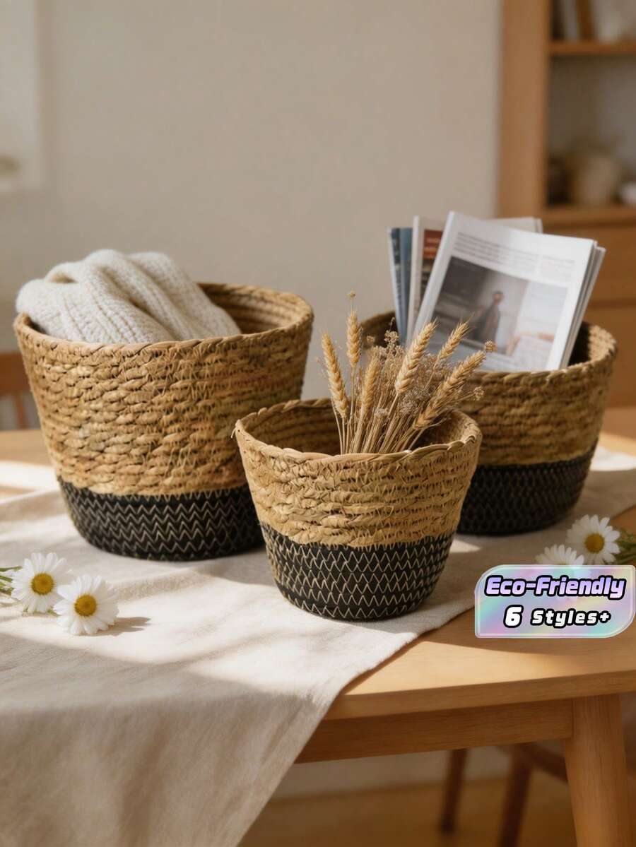1/2/3PCS Natural Seagrass Woven Planter Basket Set Large Medium Small Boho Farmhouse Coastal Wall Hanging Flower Pot Holder Storage Organizer For Living Room Bathroom Home Decor Spring Summer Gift Must Haves - multicolor - View 1