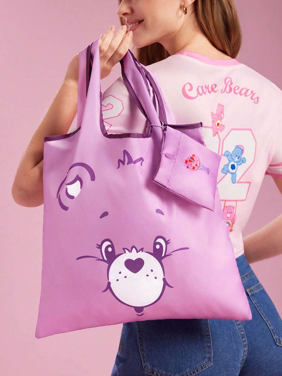 SHEIN X Care Bears Cartoon Bear Foldable Shopping Tote, Light Polyester Large Capacity Bag With Storage Pouch, Portable Bag For Grocery Shopping School Daily Commute - Purple - View 1