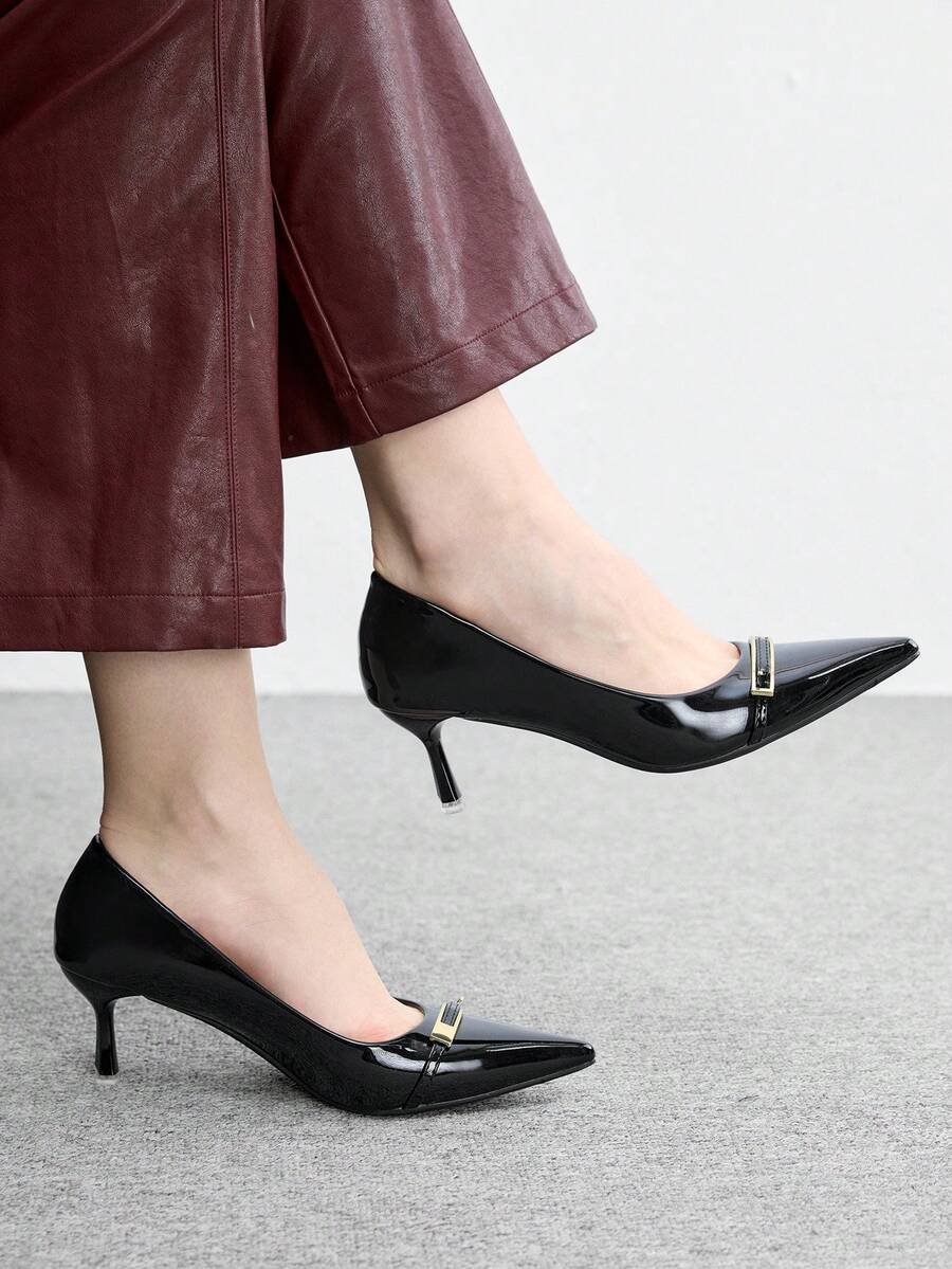 CUCCOO BIZCHIC Women's Brown Metal Trim Pointed Stiletto High Heels, Elegant Workplace Commuter Shoes Fall Shoes - Black - View 1