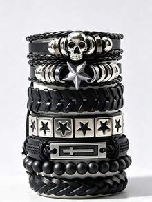 ROMWE 7 Pieces/Set Gothic Dark Retro Skeleton, Pentagram, Cross, Black Bead Bracelet, Punk Hip-Hop Men And Women Stacked Jewelry, Perfect Match For Holiday - Black 2 - View 1