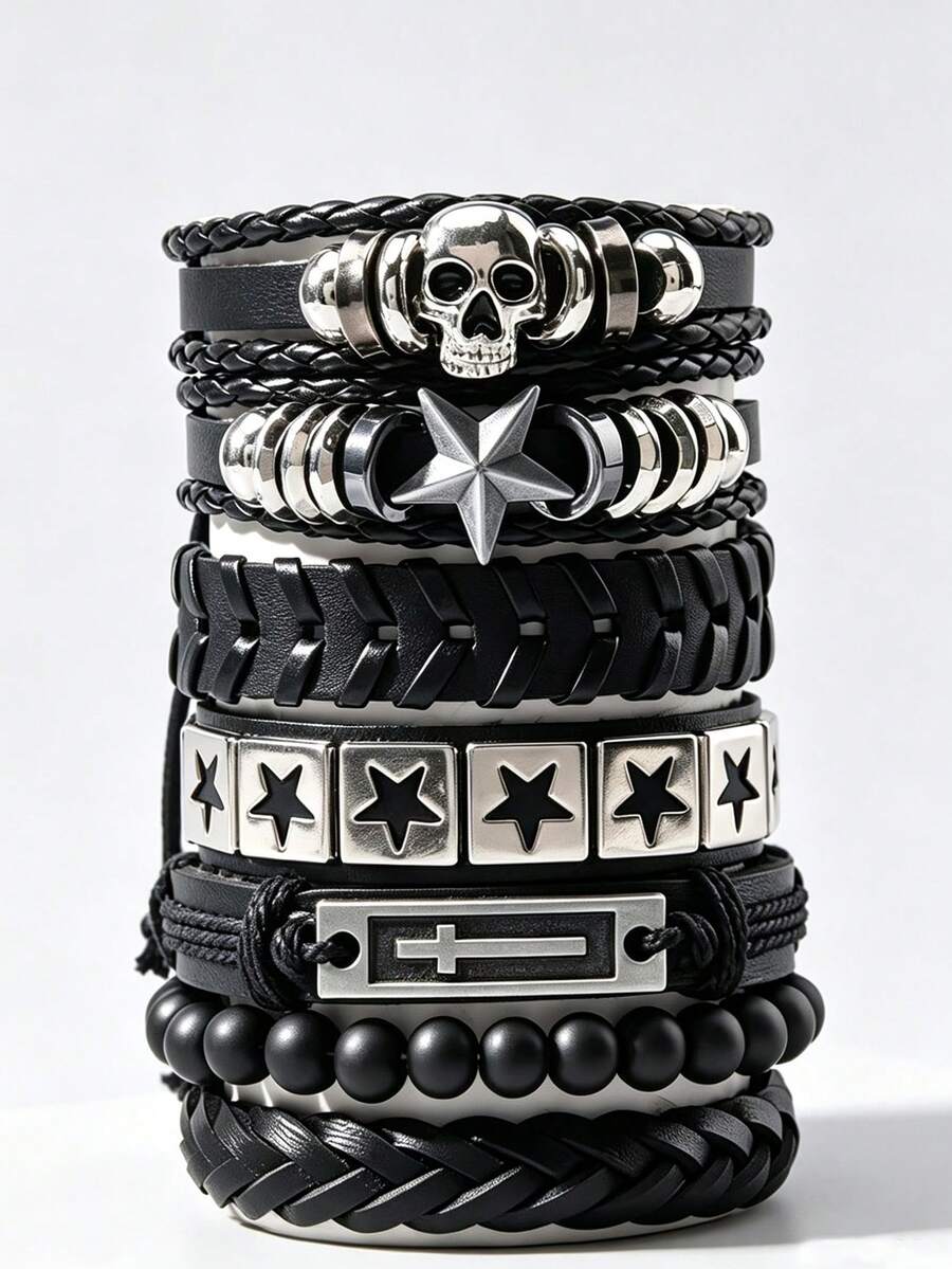 ROMWE 7 Pieces/Set Gothic Dark Retro Skeleton, Pentagram, Cross, Black Bead Bracelet, Punk Hip-Hop Men And Women Stacked Jewelry, Perfect Match For Holiday - Black 2 - View 1
