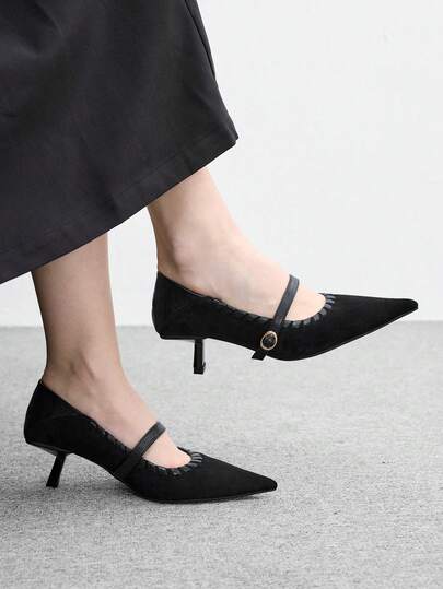 CUCCOO BIZCHIC Black Suede, Woven Lace One-Button Pointed Stiletto Hollow Shoes, Retro Commuter Temperament High Heels Women