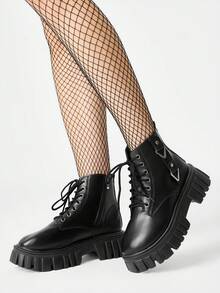 ROMWE Grunge Punk Women's Slope Heel Thick-Soled Round Toe Pleated Stacking Boots, New Western Cowboy Boots, Fashionable Versatile Commuting, Thick-Soled Short Boots - Y3 black - View 3