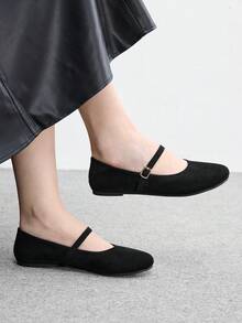 CUCCOO BIZCHIC 黑色麂皮女款瑪麗珍平底鞋，舒適通勤，適合戶外度假、購物、上班，日常百搭 - 黑色 - 查看 1