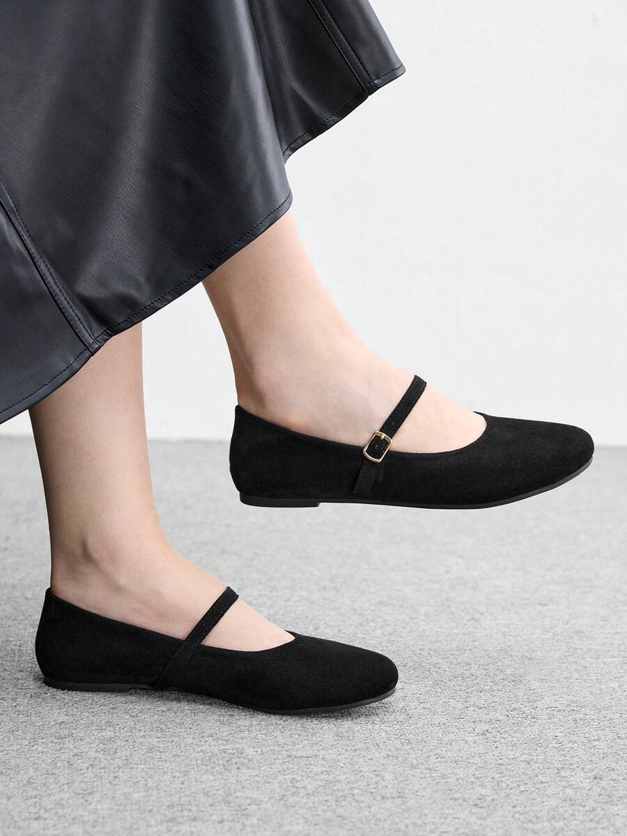 CUCCOO BIZCHIC 黑色麂皮女款瑪麗珍平底鞋，舒適通勤，適合戶外度假、購物、上班，日常百搭 - 黑色 - 查看 1