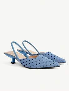 CUCCOO CHICEST Women's Light Blue Polka Dot Chinese Vintage Pointed Toe Kitten Heel Mid-Heel Elegant Minimalist Commute High Heels For Office, Dating And Formal Occasions - Light blue polka dot - View 2
