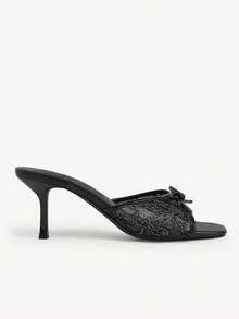 CUCCOO CHICEST 女款時尚性感方頭刺繡線條蕾絲網布蝴蝶結拖鞋，中高跟細直跟，淺A色 - 黑1金屬線網 - 查看 9