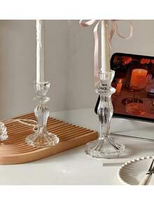 Cirelle 1pc Clear Glass Taper Candle Holder, Vintage Ribbed Candlestick Stand, Elegant Decorative Candle Holder For Wedding, Party & Home Table Decor - multicolor - View 7