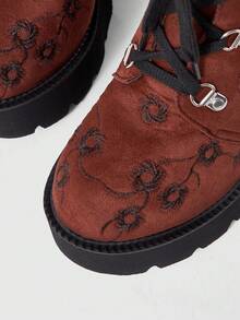 ROMWE Fairycore Women's Thick-Soled Thick-Heeled Medium-Heeled Boots, Punk-Style Gothic Street-Style Embroidered Thread-Patterned Strap-On Side Zipper Thick-Soled Boo - brown ink - View 6