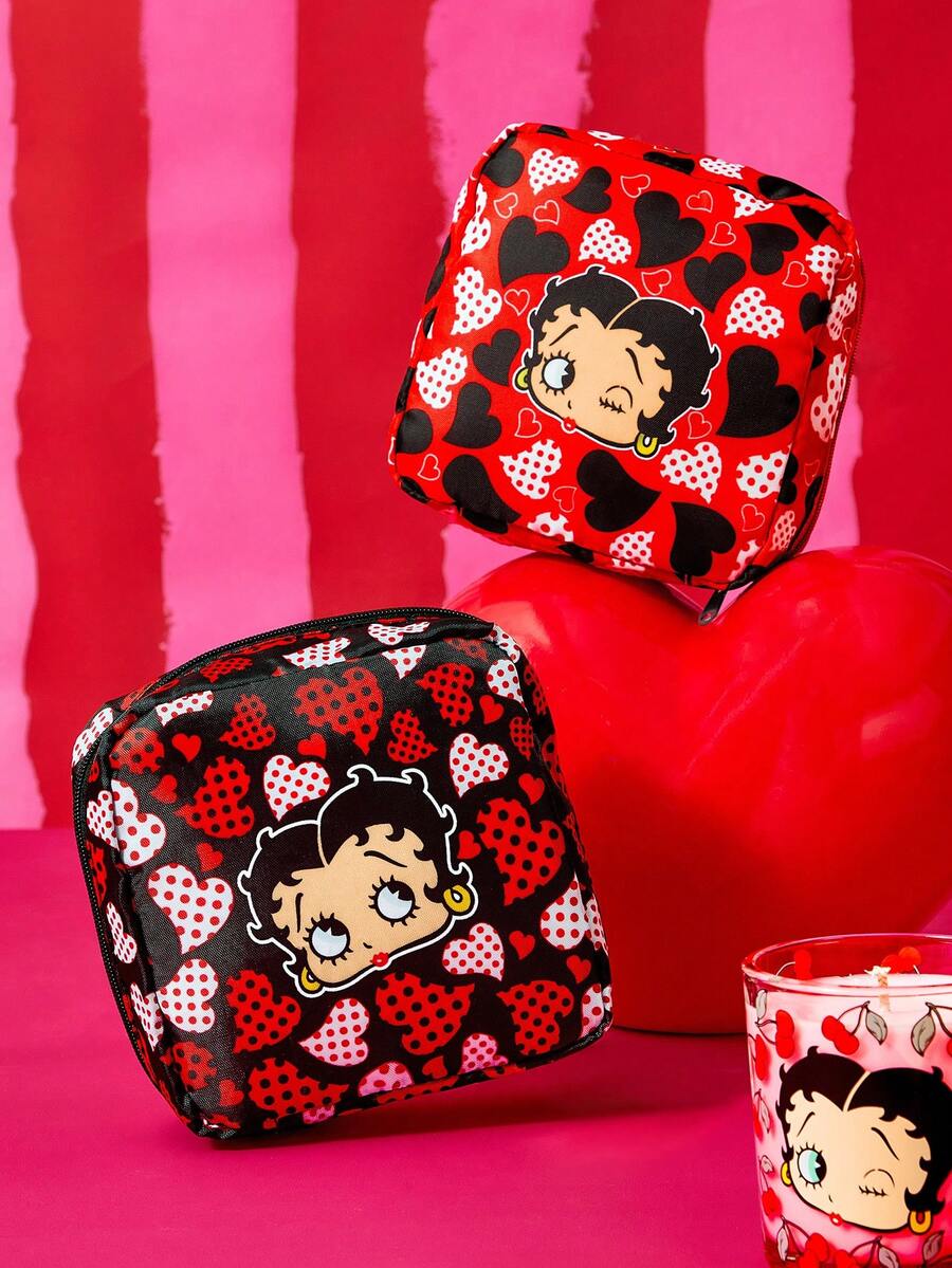 Betty Boop x SHEIN Vintage Heart Print All-Purpose Zipper Pouch, Multi-Use For Personal Care, Cosmetics, Tech Accessories, Portable Design - Black red - View 1