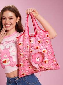SHEIN X Care Bears Cute Bear Print Foldable Shopping Bag With Drawstring Pouch, Lightweight & Reusable, Perfect For Grocery, Travel And Daily Use - Pink lotus root powder - View 1