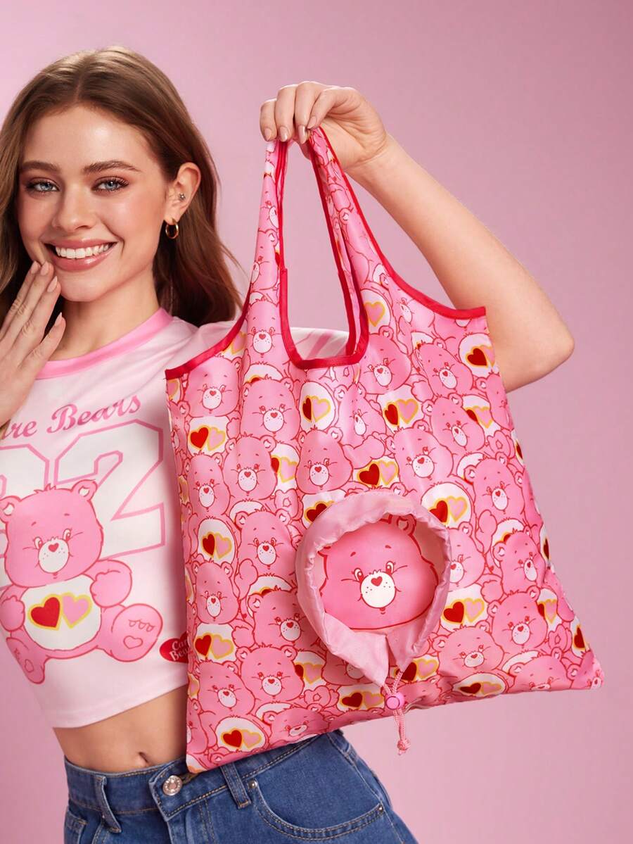 SHEIN X Care Bears Cute Bear Print Foldable Shopping Bag With Drawstring Pouch, Lightweight & Reusable, Perfect For Grocery, Travel And Daily Use - Pink lotus root powder - View 1