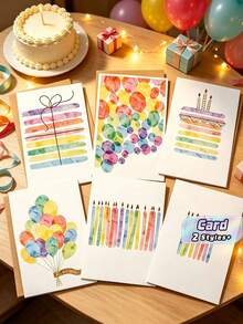 Minimalist Watercolor Rainbow Birthday Greeting Cards, Balloon Cake Candle Happy Birthday Blank Wish Cards With Kraft Envelopes - Sets - View 1