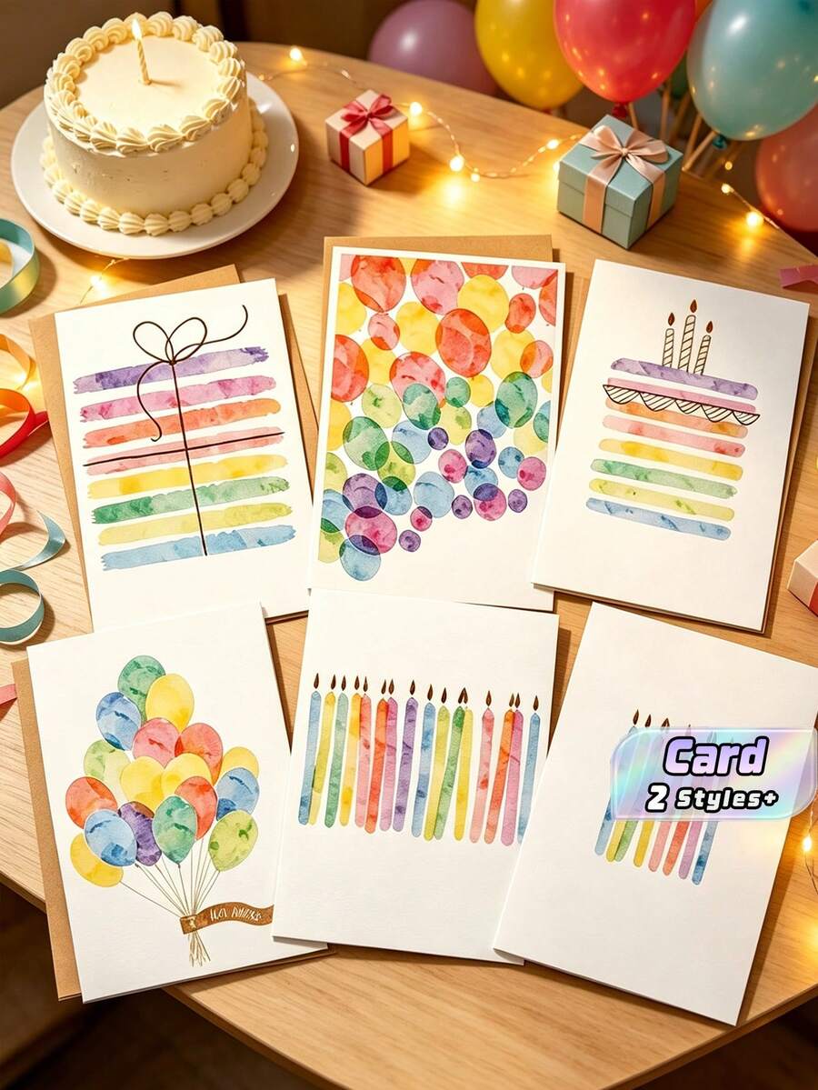 Minimalist Watercolor Rainbow Birthday Greeting Cards, Balloon Cake Candle Happy Birthday Blank Wish Cards With Kraft Envelopes - Sets - View 1