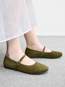 CUCCOO BIZCHIC Army Green Suede Women's Flat Mary Jane Women's Shoes Are Comfortable For Commuting, Suitable For Outdoor Vacation Shopping To Work, Daily Versatile F Fall Shoes - Army Green - View 1