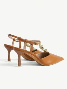 CUCCOO CHICEST Fashion Ladies Retro Pointed Slingback High Heel Sandals Femininity Thin Heel Beaded Strap Shoes Commuter Dating Versatile Women's Shoes - Orange - View 5