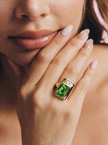 Popjeli Rectangle Open Ring, Glossy Gold Thick Wide-Sided Retro Dinner Ring - Gold - Green Diamond - View 3