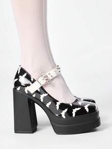 ROMWE Grunge Punk Fashion Women's Platform High-Heeled Shoes, Punk Gothic, Bat Buckle Rivet Inlay, Shoe Body Bat Pattern, Classic Sexy Adaptation To Parties Fall Shoes - Black - View 5