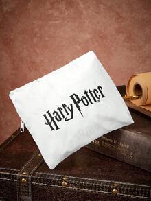 HARRY POTTER X SHEIN Print Foldable Large Travel Tote Bag, Front Zip Pocket. Foldable Design For Trips, Gym And Daily Luggage Storage - Light Khaki - View 5