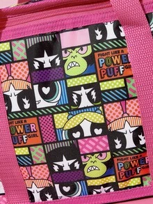 THE POWERPUFF GIRLS X SHEIN 彩色卡通印花大容量保溫便當袋，粉色滾邊，可攜式保冷托特包，適用野餐、學校與工作使用 - 粉黃色 - 查看 4