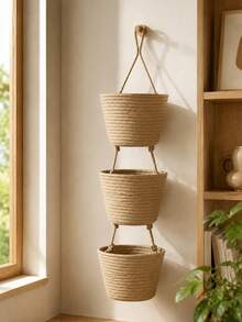 1 Three-Layer Rope Woven Hanging Storage Basket - Detachable Decorative Organizer, Suitable For Living Room, Bathroom, And Bedroom, Backdoor Hanging Storage Basket With Multiple Storage Compartments - multicolor - View 5