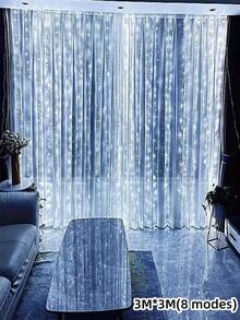 1PC 300/200/100 LED Curtain String Lights With Remote Control, 8 Modes, Size 298.7*298.7/201/100cm, USB Powered, Convenient USB Connection, Metal Curtain Light Decor, Bedroom Lighting - White - View 12