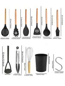 Haus Hana Silicone Kitchenware 24-Piece Wooden Handle Kitchen Silicone Set Shovel Spoon With Storage Barrel Non-Stick Non-Slip Kitchen Cooking Tools Combination Home. - Black - View 20