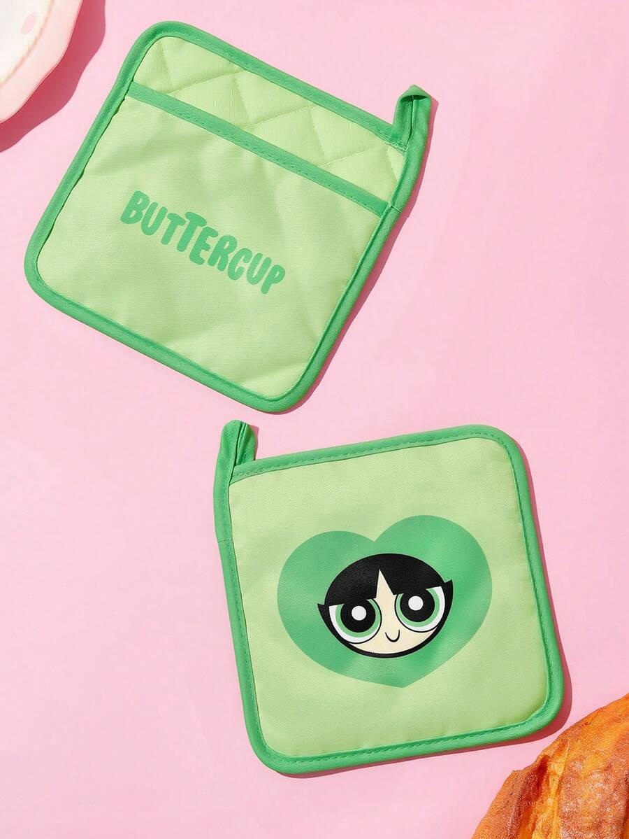 THE POWERPUFF GIRLS X SHEIN 1pc/2 Pcs Cute Cartoon Print Kitchen Insulation Set, Insulation Mat, A Must For Kitchen Baking, Effectively Isolating Heat Sources, Single/Combination - Green - View 1
