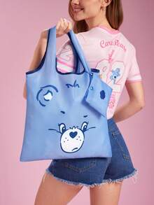 SHEIN X Care Bears Cartoon Bear Foldable Shopping Tote, Light Polyester Large Capacity Bag With Storage Pouch, Portable Bag For Grocery Shopping School Daily Commute - Blue - View 1
