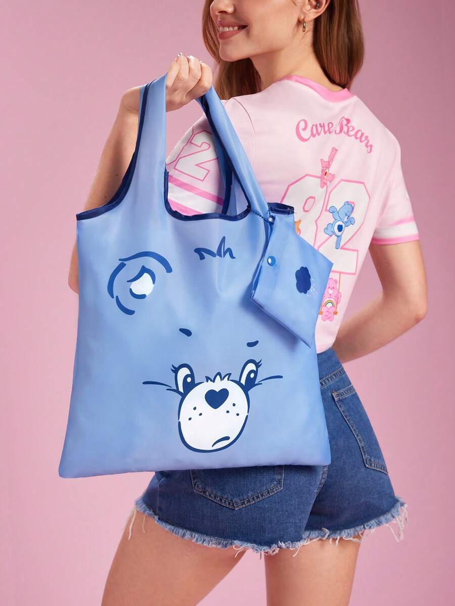 SHEIN X Care Bears Cartoon Bear Foldable Shopping Tote, Light Polyester Large Capacity Bag With Storage Pouch, Portable Bag For Grocery Shopping School Daily Commute - Blue - View 1