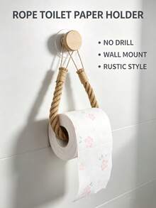 1PC Wooden Hook, Invisible Adhesive, No Drilling Required; Plastic Woven, Jute Rope Towel Rack, Tissue Holder For Bathroom And Toilet - Brown - View 3