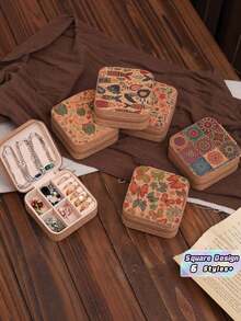 1PC Vintage Bohemian Square Print Jewelry Storage Box Organizer Case For Necklace Ring Bracelet Portable Travel Home Office Decor Daily Use Gift - Multicolor - View 1