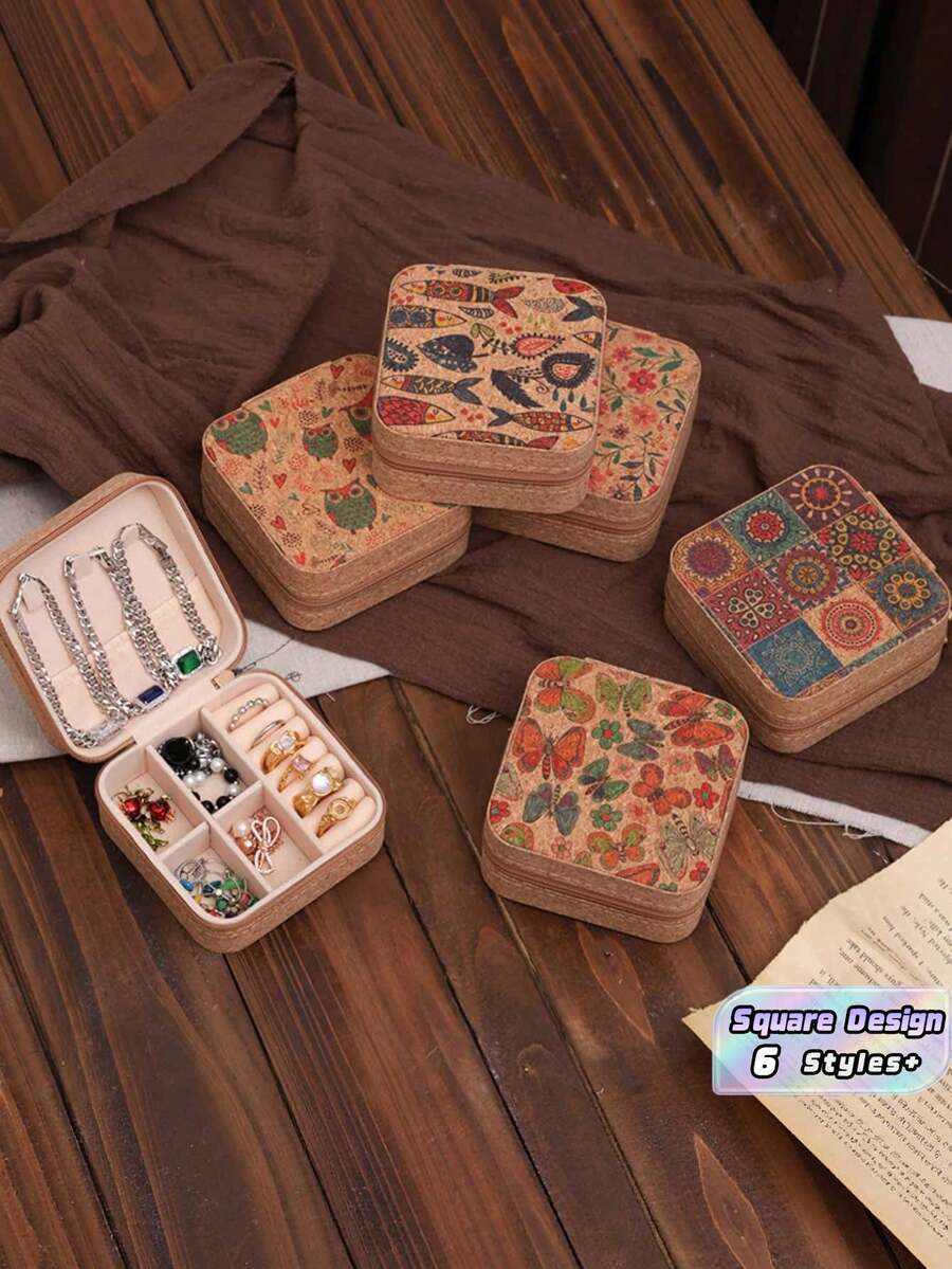 1PC Vintage Bohemian Square Print Jewelry Storage Box Organizer Case For Necklace Ring Bracelet Portable Travel Home Office Decor Daily Use Gift - Multicolor - View 1