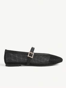 CUCCOO CHICEST Metal Buckle With Square Toe Flat Bottom Mesh Yarn Breathable Solid Color PU Splicing Mary Jane Shoes Women's Daily Commuting Shoes - Black - View 3