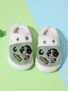 THE POWERPUFF GIRLS X SHEIN Fun And Cute Cartoon Girl Green Fashion Versatile Princess Wind Soft And Warm Winter Indoor Light And Durable Children's Home Slippers - Green - View 3