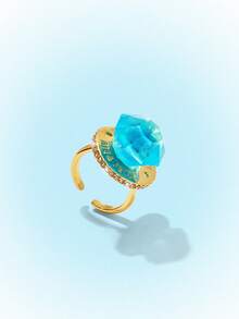 Popjeli Large Octagonal Cut Open Ring, Gilt Lettering Heavy Industry Wide Face Y2K Spice Girl Ring - Gold - Blue - View 5
