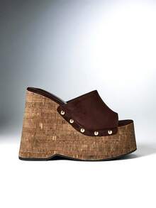 SHEIN Solezae Women's Wide-Fit Platform Wedge Casual Slide Sandals - Coffee Brown - View 4